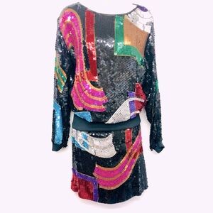 Vintage Metamorphosis Colorful Black Sequin Dress
